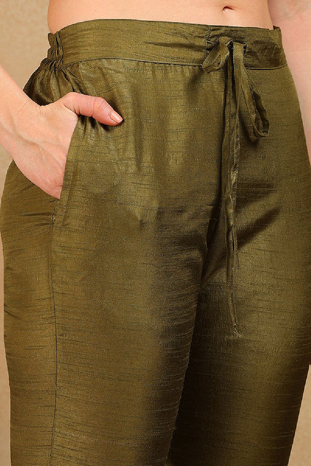 Olive Silk Blend Solid Embroidered Straight Cut Suit Set