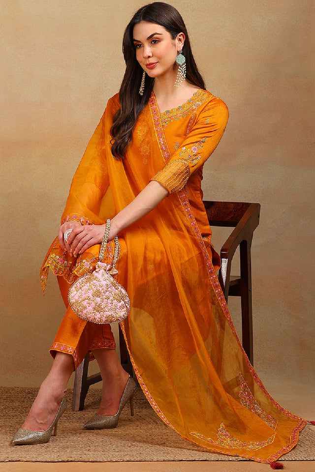 Mustard Silk Blend Solid Embroidered Straight Cut Suit Set