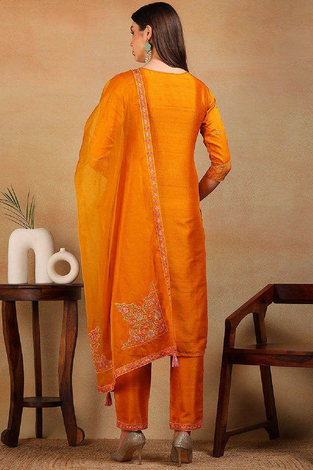 Mustard Silk Blend Solid Embroidered Straight Cut Suit Set