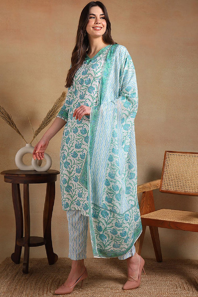 Off White Poly Rayon Printed Straight Cut Suit Set