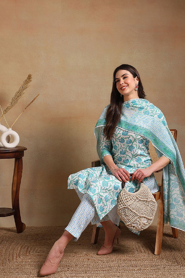 Off White Poly Rayon Printed Straight Cut Suit Set