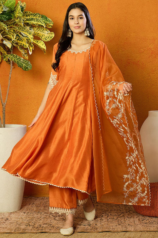 Orange Silk Blend Solid Embroidered Flared Anarkali Suit Set