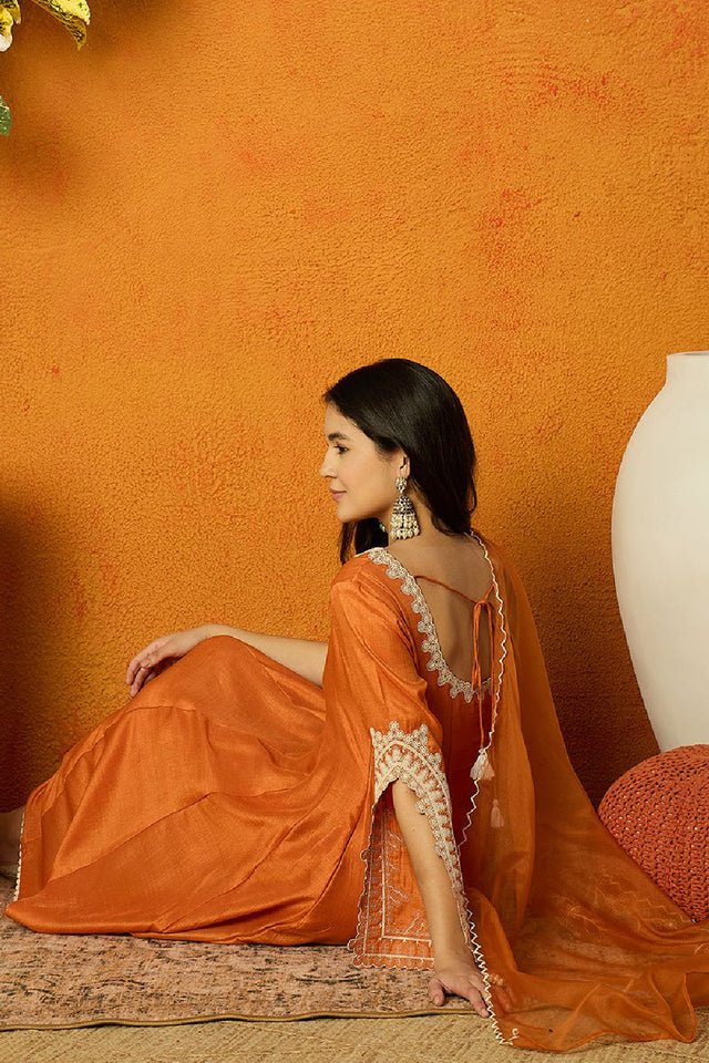 Orange Silk Blend Solid Embroidered Flared Anarkali Suit Set
