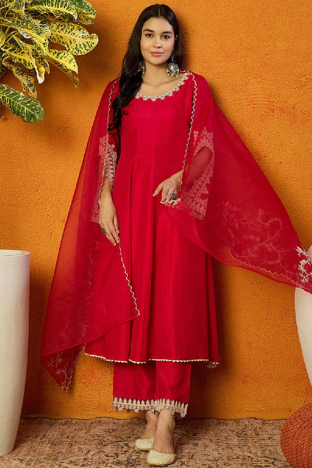 Fuchsia Silk Blend Solid Embroidered Flared Anarkali Suit Set
