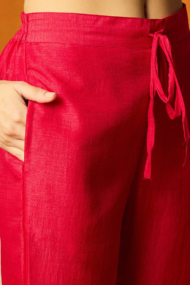 Fuchsia Silk Blend Solid Embroidered Flared Anarkali Suit Set