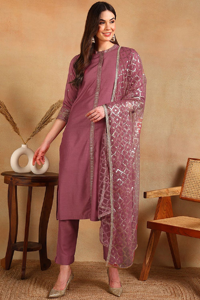 Pink Silk Blend Embroidered Straight Cut Suit Set