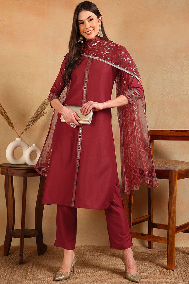 Red Silk Blend Embroidered Straight Cut Suit Set