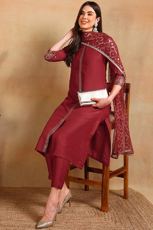 Red Silk Blend Embroidered Straight Cut Suit Set