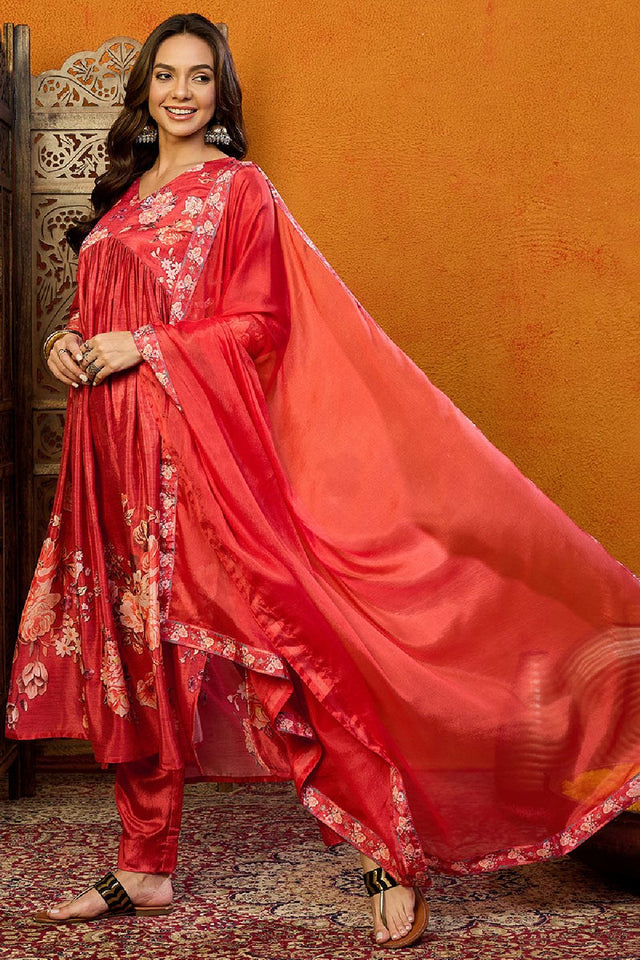 Red Silk Blend Floral Printed A Line Anarkali Suit Set