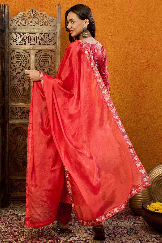 Red Silk Blend Floral Printed A Line Anarkali Suit Set