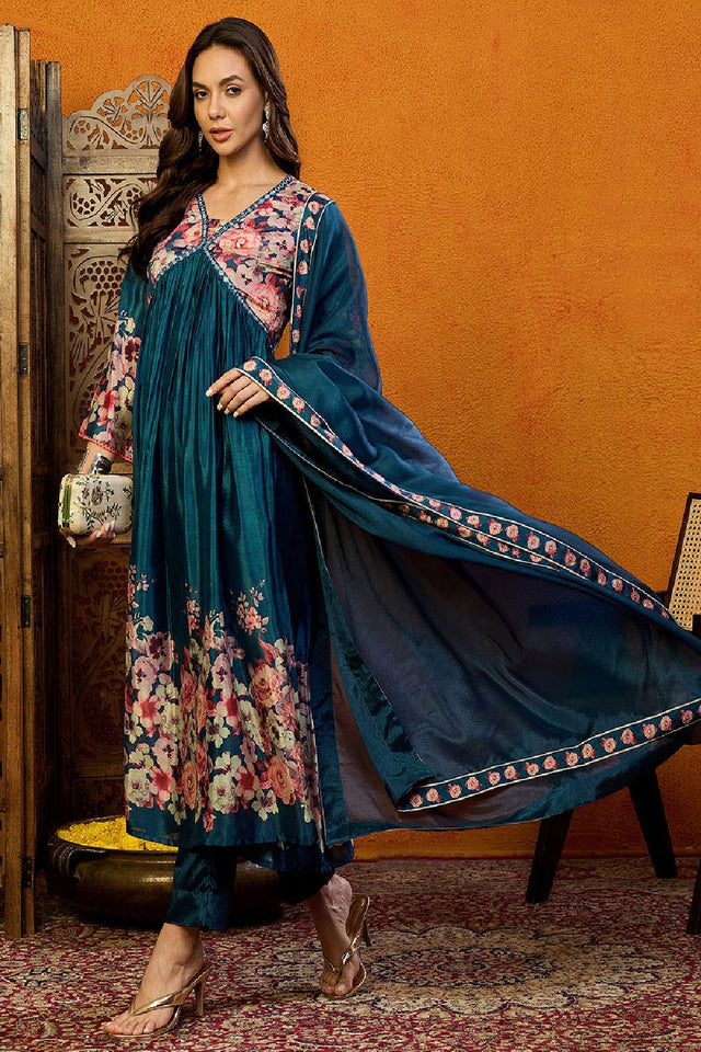 Blue Silk Blend Floral Printed A Line Anarkali Suit Set
