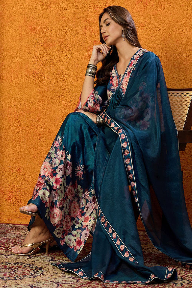 Blue Silk Blend Floral Printed A Line Anarkali Suit Set