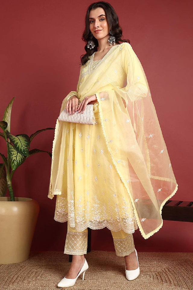 Yellow Organza Solid Embroidered Anarkali Suit Set
