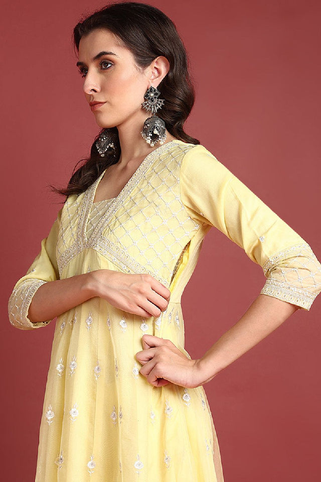 Yellow Organza Solid Embroidered Anarkali Suit Set
