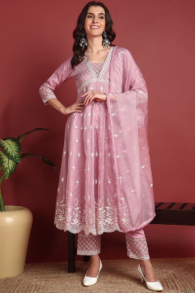 Pink Organza Solid Embroidered Anarkali Suit Set