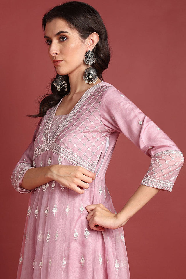 Pink Organza Solid Embroidered Anarkali Suit Set