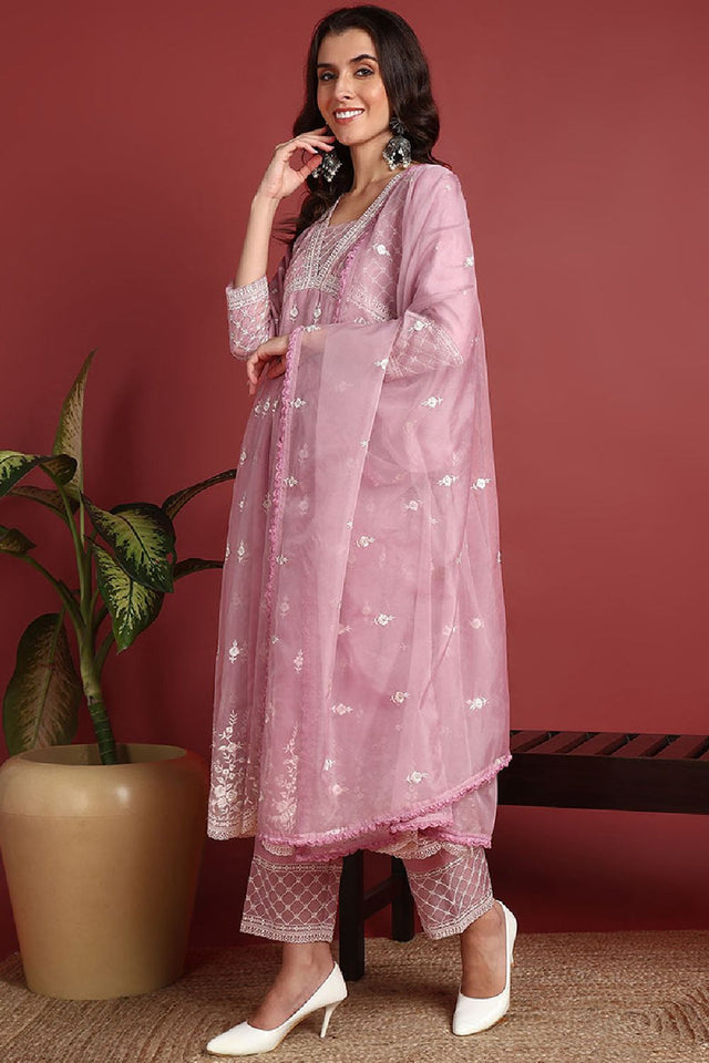 Pink Organza Solid Embroidered Anarkali Suit Set