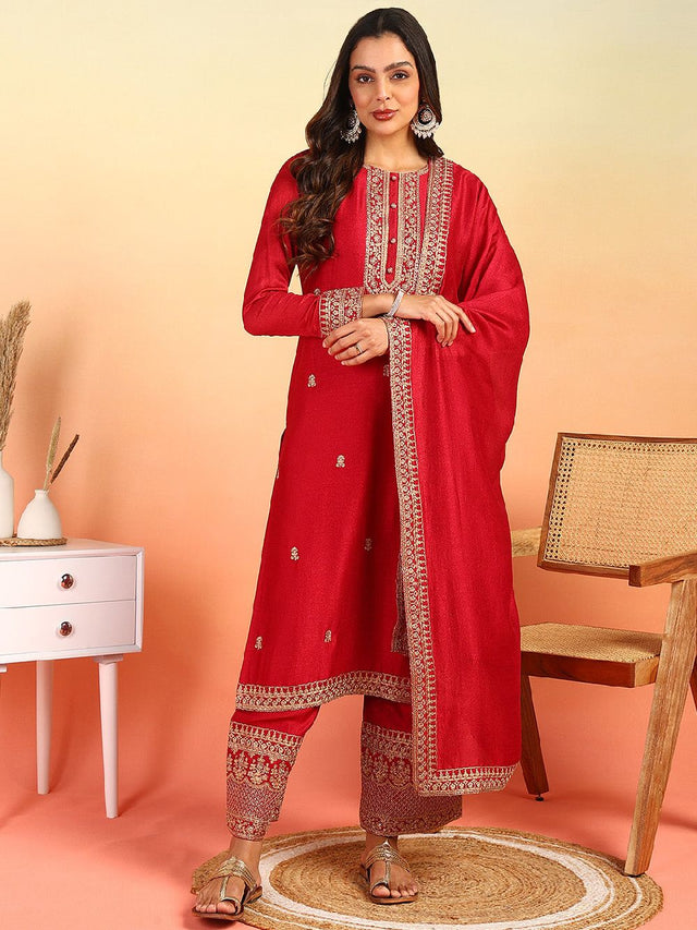 Red Silk Blend Solid Embroidered Straight Kurti Palazzo With Dupatta