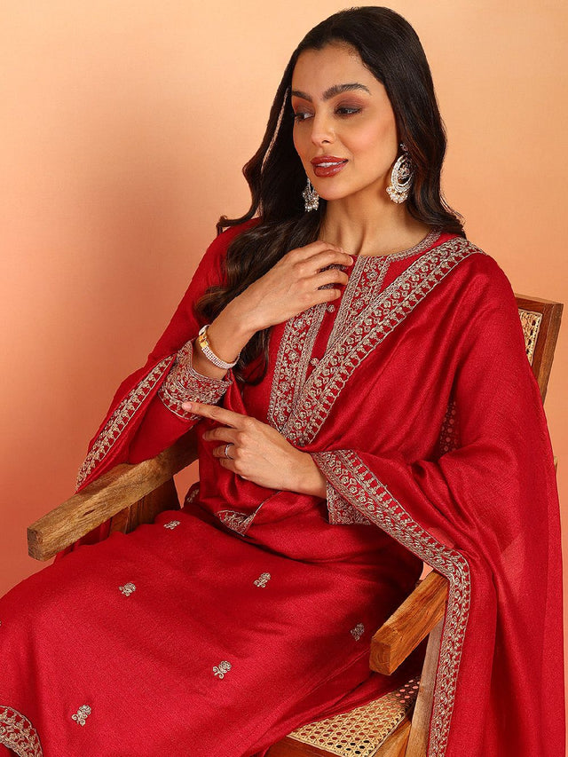 Red Silk Blend Solid Embroidered Straight Kurti Palazzo With Dupatta