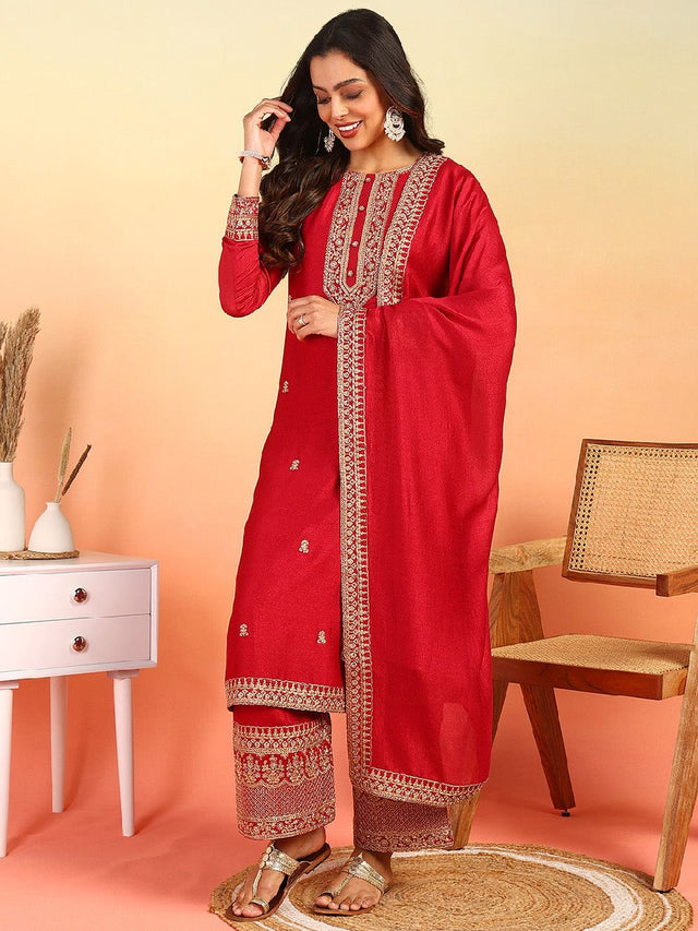 Red Silk Blend Solid Embroidered Straight Kurti Palazzo With Dupatta