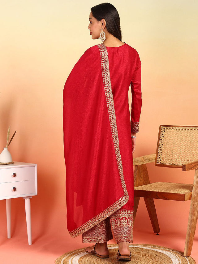 Red Silk Blend Solid Embroidered Straight Kurti Palazzo With Dupatta