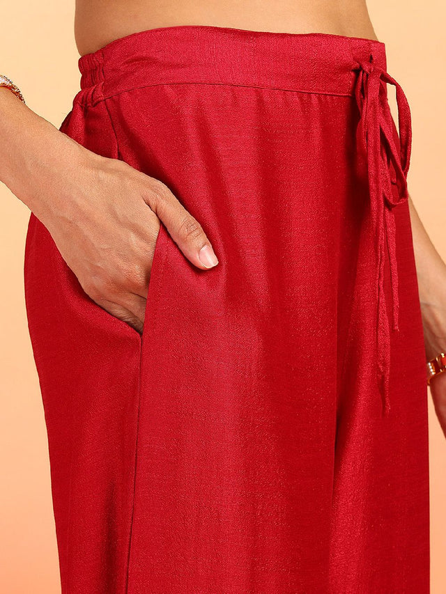 Red Silk Blend Solid Embroidered Straight Kurti Palazzo With Dupatta