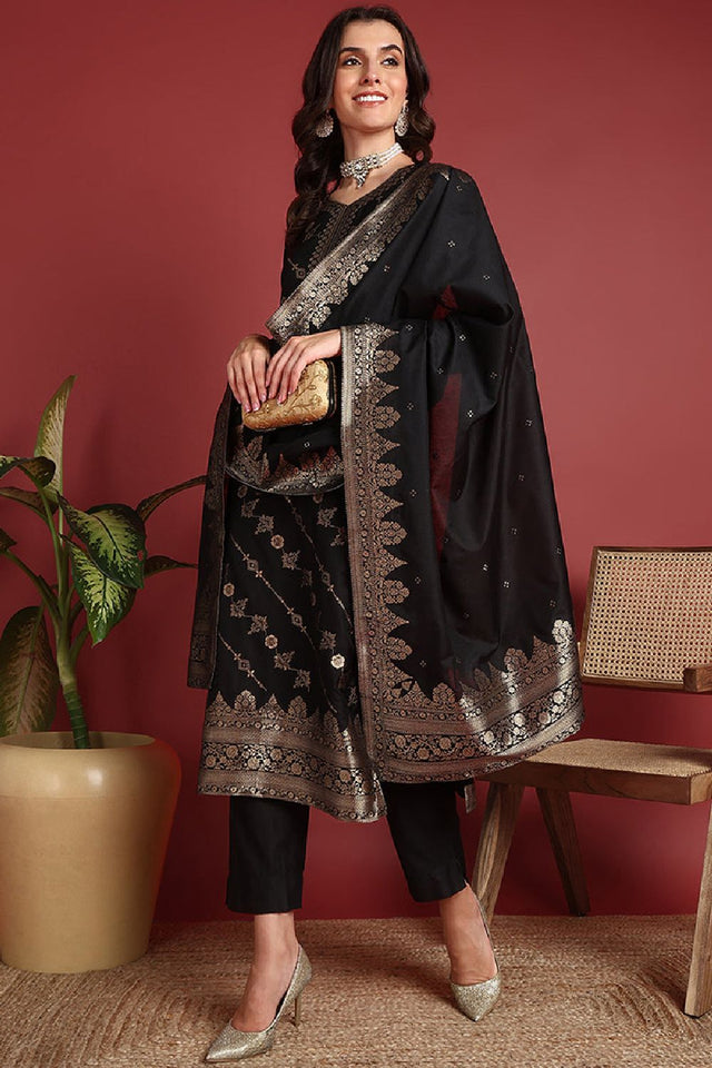 Black Silk Blend Ethnic Motifs Woven Design Straight Cut Suit Set