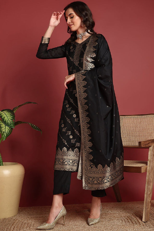Black Silk Blend Ethnic Motifs Woven Design Straight Cut Suit Set