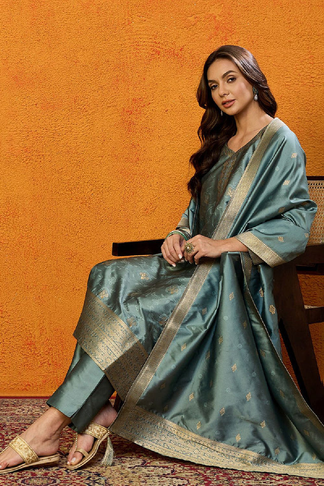 Teal Silk Blend Ethnic Motifs Woven Design Straight Cut Suit Set