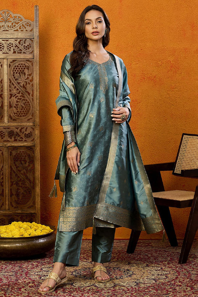 Teal Silk Blend Ethnic Motifs Woven Design Straight Cut Suit Set