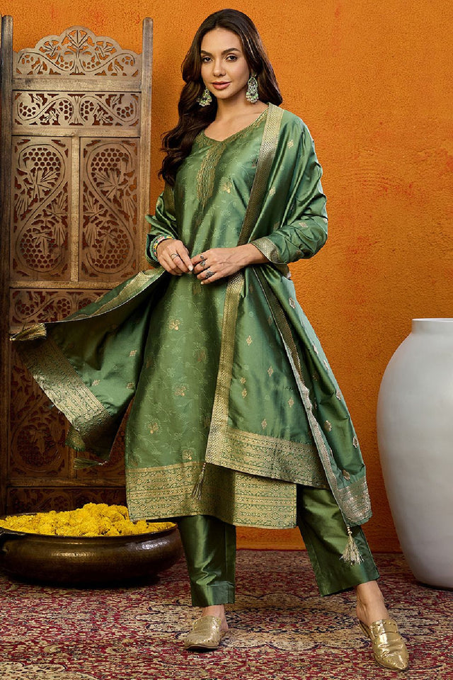 Green Silk Blend Ethnic Motifs Woven Design Straight Cut Suit Set