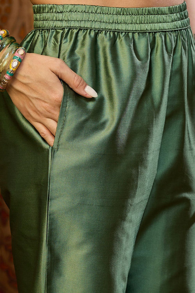 Green Silk Blend Ethnic Motifs Woven Design Straight Cut Suit Set