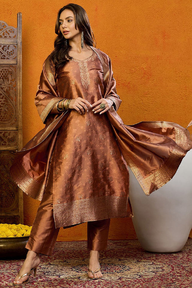 Brown Silk Blend Ethnic Motifs Woven Design Straight Cut Suit Set