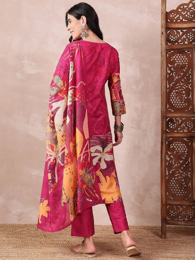 Pink Silk Blend Floral Printed Straight Kurti Pant With Dupatta