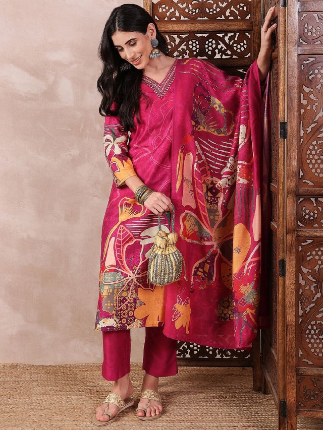Pink Silk Blend Floral Printed Straight Kurti Pant With Dupatta