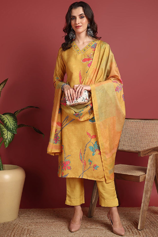 Mustard Silk Blend Floral Printed Straight Cut Suit Set