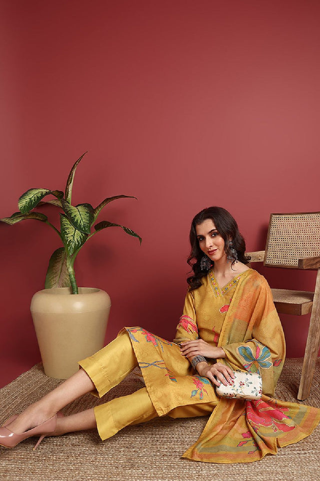Mustard Silk Blend Floral Printed Straight Cut Suit Set