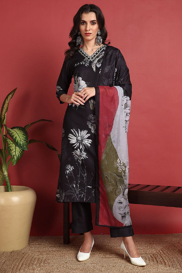 Black Silk Blend Floral Printed Straight Cut Suit Set