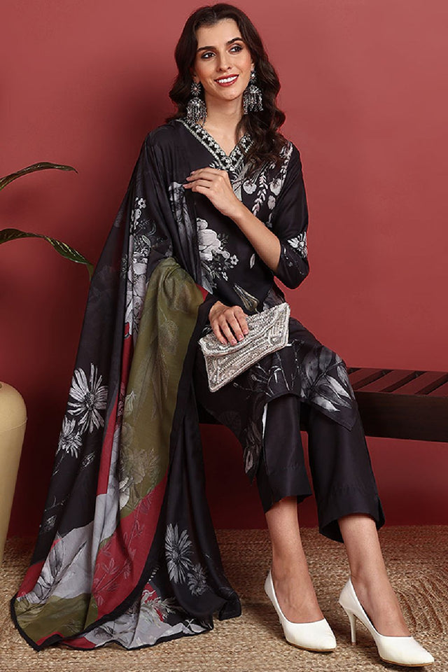 Black Silk Blend Floral Printed Straight Cut Suit Set