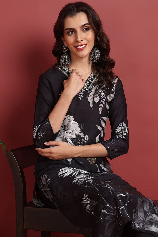 Black Silk Blend Floral Printed Straight Cut Suit Set