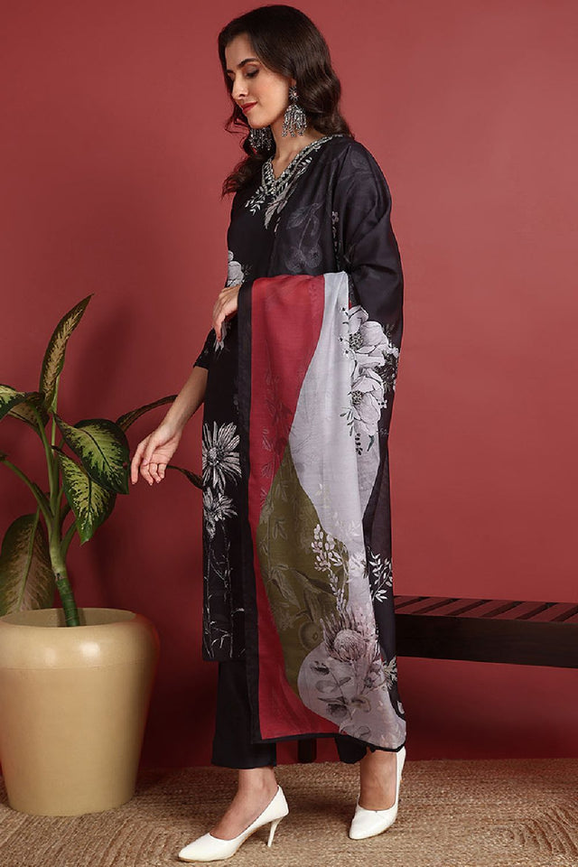 Black Silk Blend Floral Printed Straight Cut Suit Set