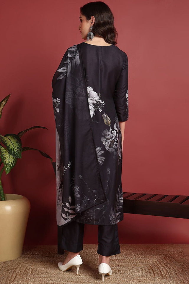 Black Silk Blend Floral Printed Straight Cut Suit Set
