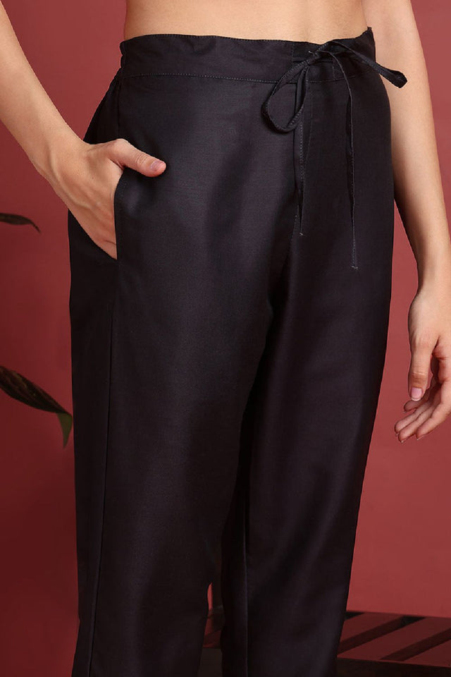 Black Silk Blend Floral Printed Straight Cut Suit Set