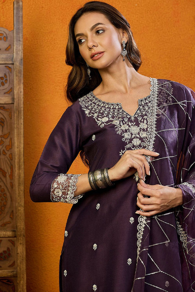 Purple Silk Blend Solid Embroidered Straight Cut Suit Set