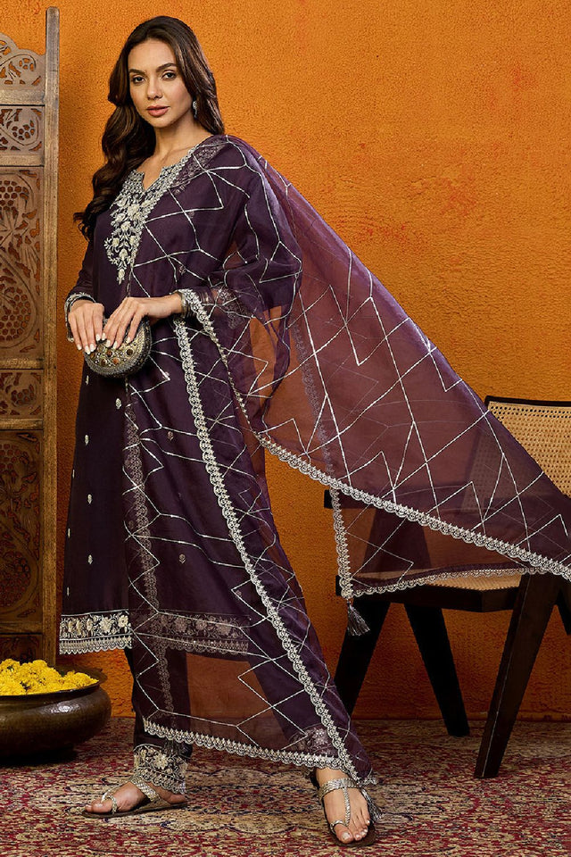 Purple Silk Blend Solid Embroidered Straight Cut Suit Set