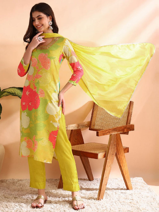 Yellow Rayon Blend Floral Printed Straight Kurti Pants With Dupatta