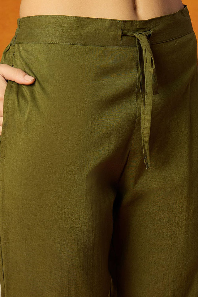 Olive Cotton Blend Floral Printed Straight Cut Suit Set