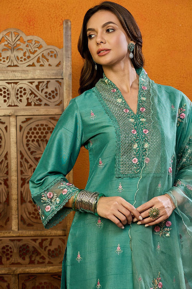 Teal Silk Blend Solid Embroidered Straight Cut Suit Set