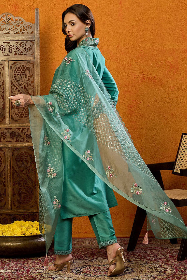 Teal Silk Blend Solid Embroidered Straight Cut Suit Set