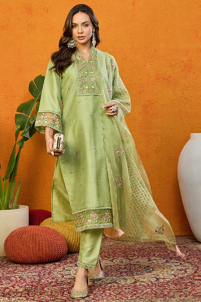 Green Silk Blend Solid Embroidered Straight Cut Suit Set